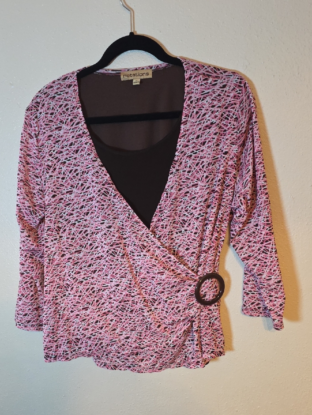 Notations Pink Multi-Print Faux Wrap Top with Ring Detail XL